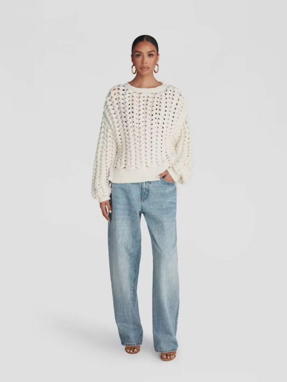 KBB by KAHLANA Women's Pullover Sweater 'The Chunky Knit Crew' - Cream L